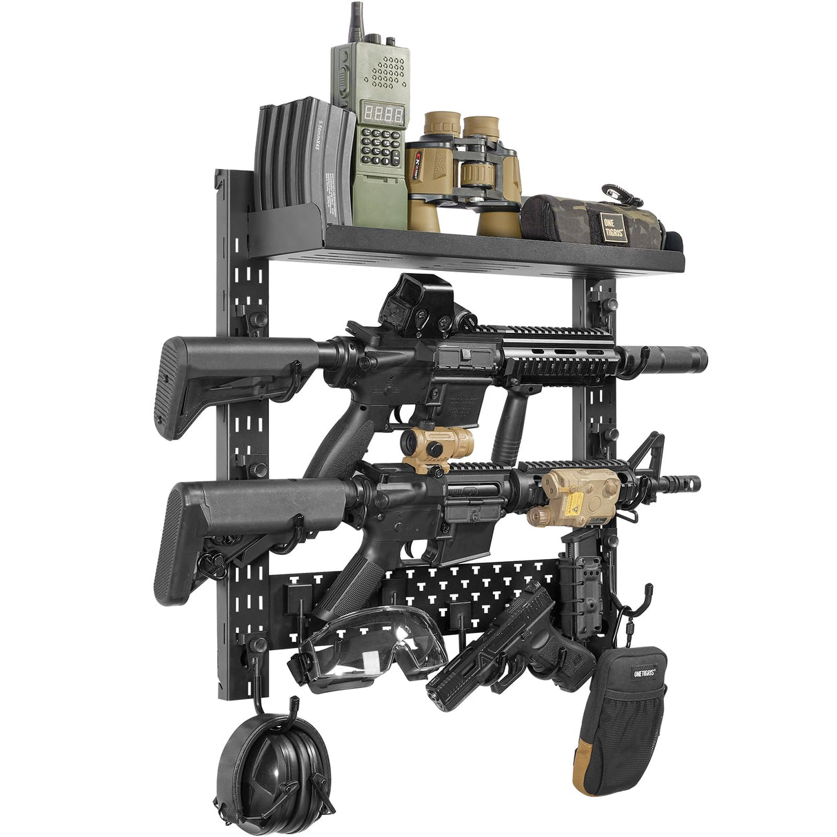 OneTigris Gun Rack Wall Mount 12, Hold Up 80lbs Indoor Gun Rack for Wall with Shelf Horizontal with 10 Hooks and 1 Removable Gun Accessories Tray 21.5"*22.1" ONETIGRIS
