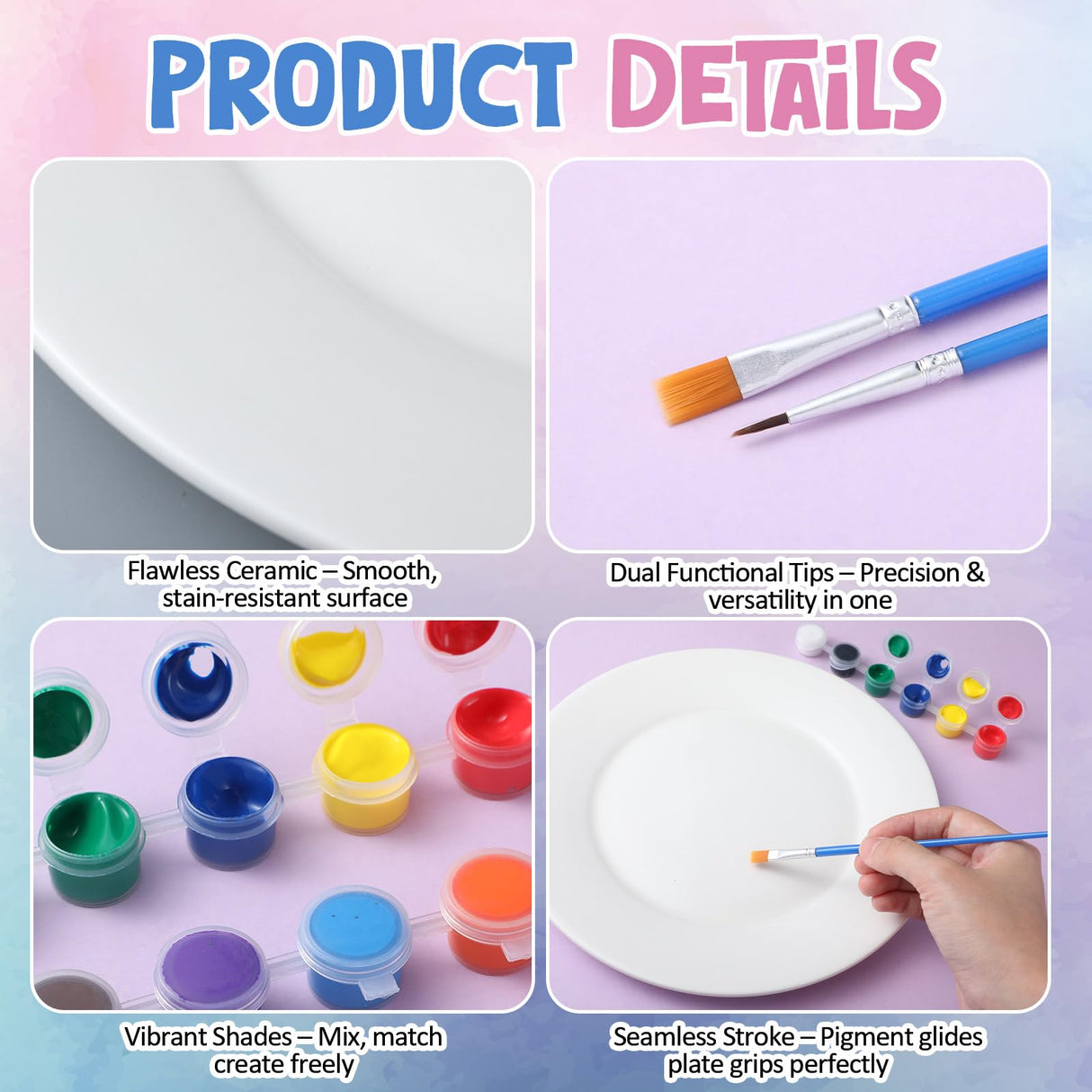 Marspark 6 Pcs 9 Inches Ceramic Painting Plate White Ceramic Plates with 6 Sets of 12 Colors Paint 6 Sets of 2 Brushes Porcelain Painting Craft Set for Family Gatherings Activities Art Supplies Marspark