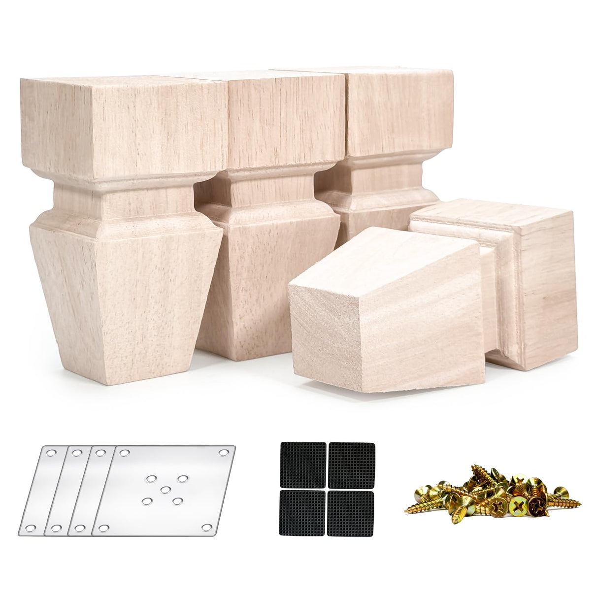 CRAPAPFERT 5 Inch Wooden Furniture Legs, Set of 4 Replacement Solid Wood Unfinished Square Furniture Bun Feet for Couch Chair Sofa Dresser Desk Table Cabinet Bed Bookcase (with mounting parts) CRAPAPFERT