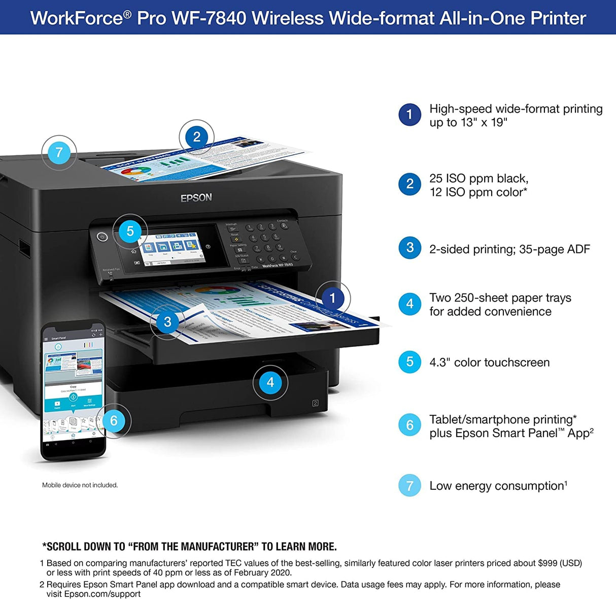 Epson Workforce Pro WF-7840 Wireless Wide-Format All-in-One Color Inkjet Printer - Print Scan Copy Fax - 4.3" LCD, 25 ppm, 4800 x 2400 dpi, 13" x 19", 50-Sheet ADF, Auto 2-Sided Printing, Ethernet Epson