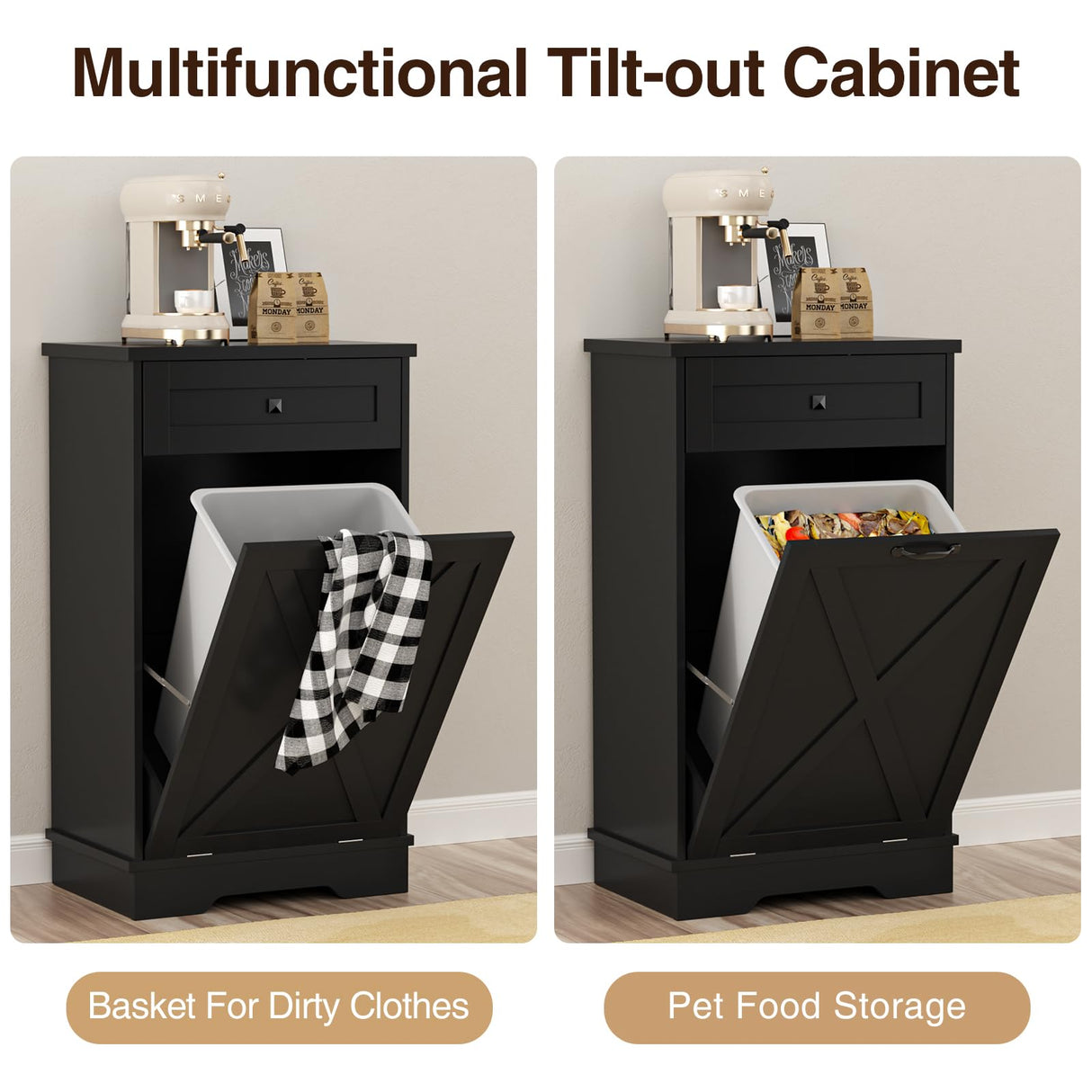 Tilt Out Trash Cabinet, Farmhouse Trash Can Cabinet w/Negative ion, Dog Proof 10 Gallon Garbage Can Cabinet for Kitchen, Bathroom, Living Room, Black Halitaa