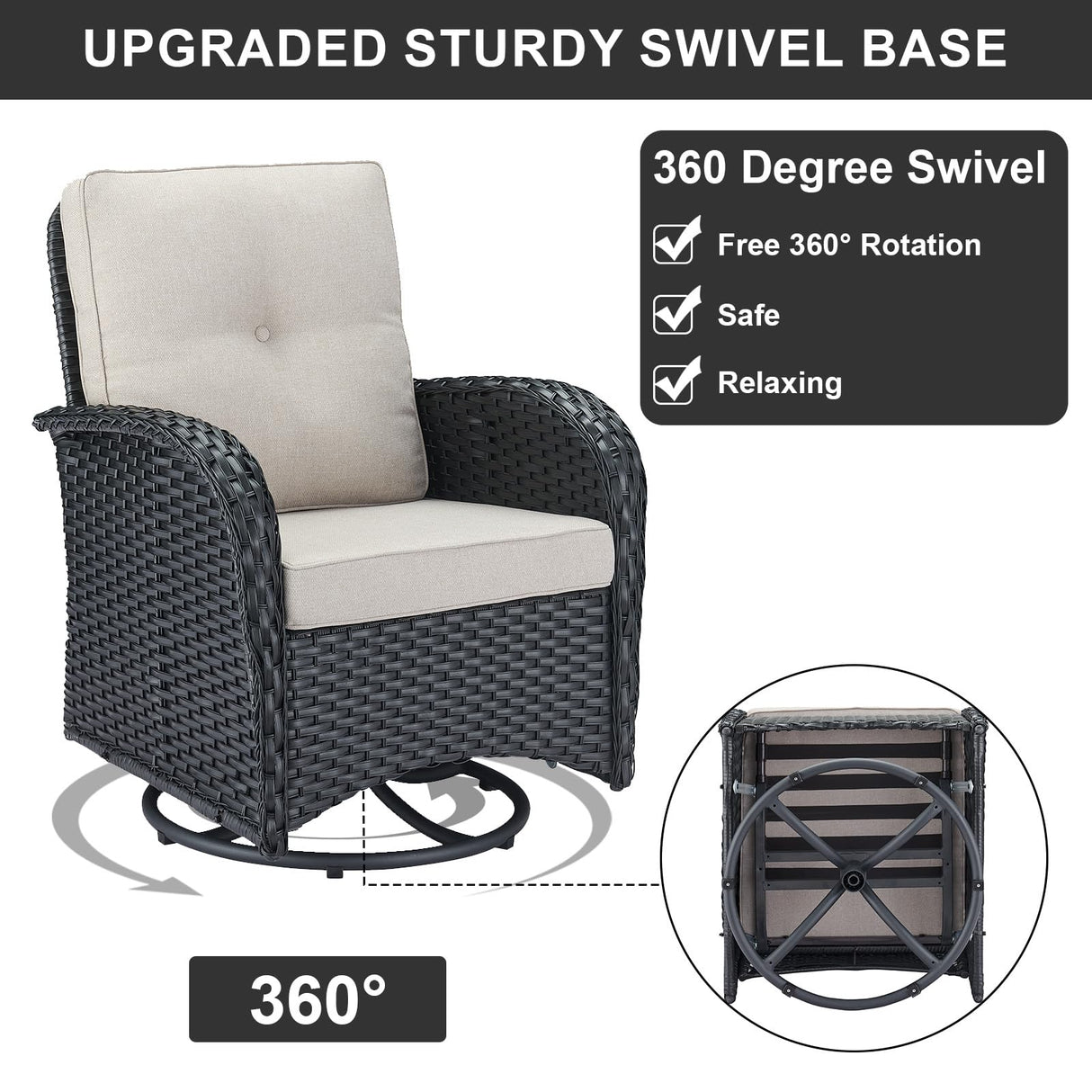 Artfurniz Outdoor Swivel Glider Rocker Chairs - 3 Piece Patio Furniture Set, Patio Bistro Sets with Tempered Glass Side Table, for Balcony, Porch - Black Wicker, Beige Cushion Artfurniz