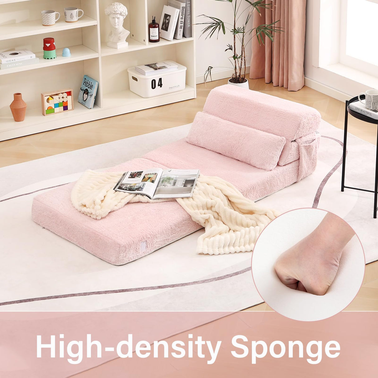 Tiita Folding Sofa Bed with Pillow Single Size Mattress&Plush Fabric with Portable Storage Bag,Floor Lounger Chair Bed for Living Room,Guest Room,Dorm,Apartment,Upstairs Loft,Home Office,Pink Tiita