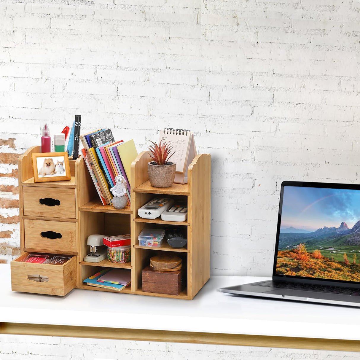 Coloch Bamboo Makeup Cosmetics Organizer with Drawers, Multifunctional Dresser Top Makeup Storage Tabletop Organizer Shelf for Desktop, Skincare, Beauty Supplies, Cosmetics Display, Stationery Storage Coloch