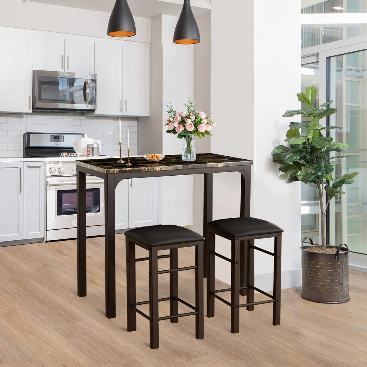 VECELO 3-Piece Bar Table and Chairs Set, 36" Rectangular Counter Height Dining Sets for Kitchen Bistro Restaurant Small Space Breakfast Nook, Brown and Black VECELO