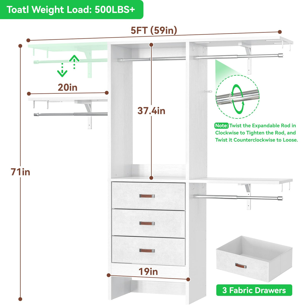 Armocity 5FT Small Closet System with 3 Fabric Drawers, 60 Inches Walk In Closet Organizer System With 3 Adjustable Shelves, Heavy Duty Clothes Rack Built-In Garment Rack, 59" L x 16" W x 71" H, White armocity