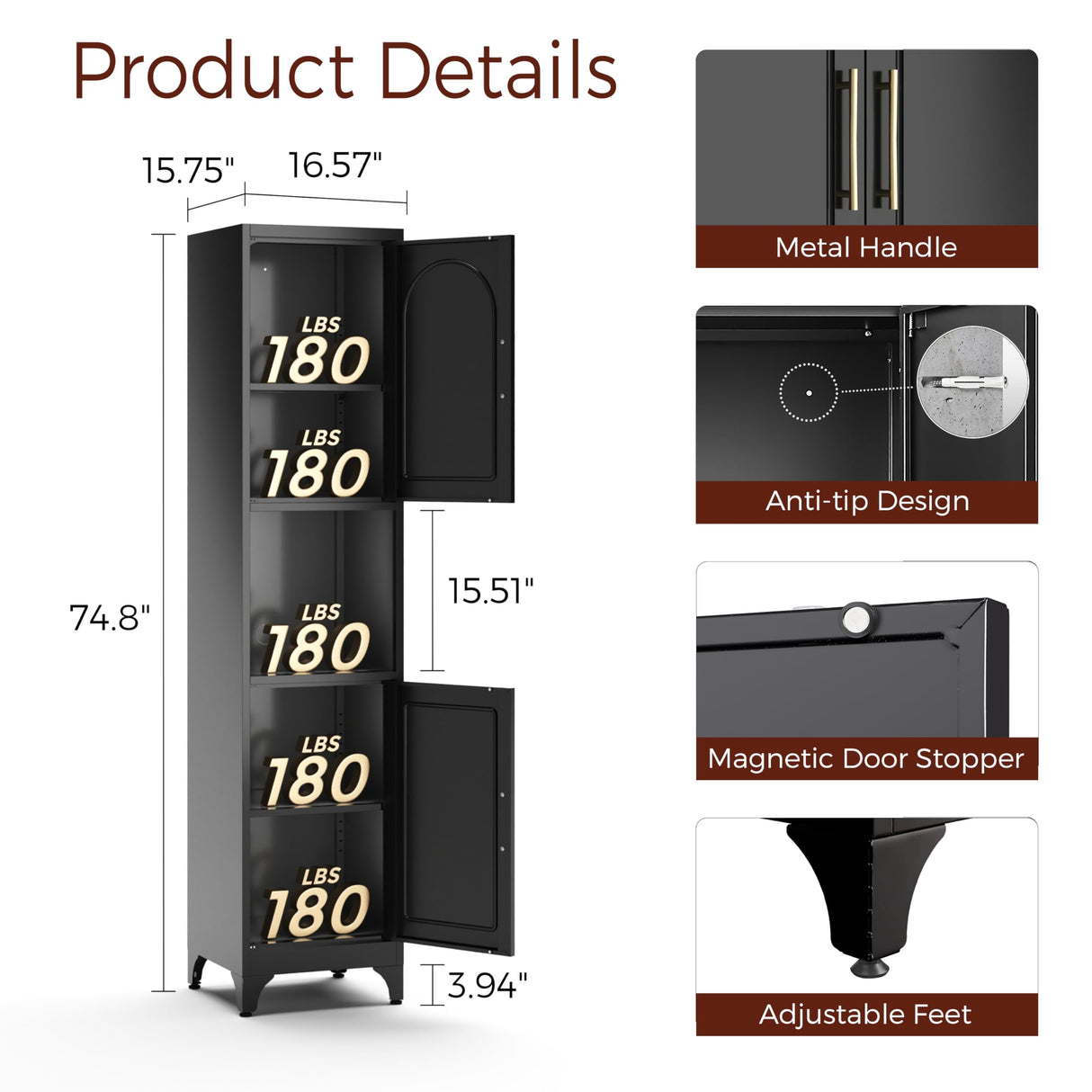 Kubohogar 75" Tall Bathroom Storage Cabinet, Metal Bathroom Floor Cabinet with Doors, Open Space, Adjustable Shelves,Freestanding Narrow Cabinets for Kitchen, Living Room, Laundry, Black Kubohogar