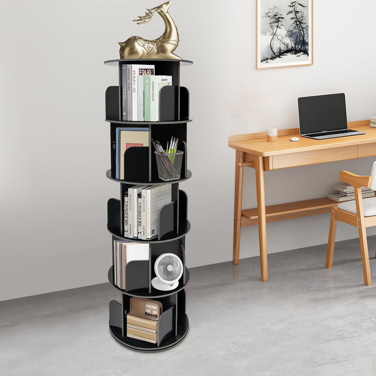 5-Tier Rotating Bookshelf - 360° Spinning Bookcase Storage Rack for Organising Books and Displaying Items SuiYuLn