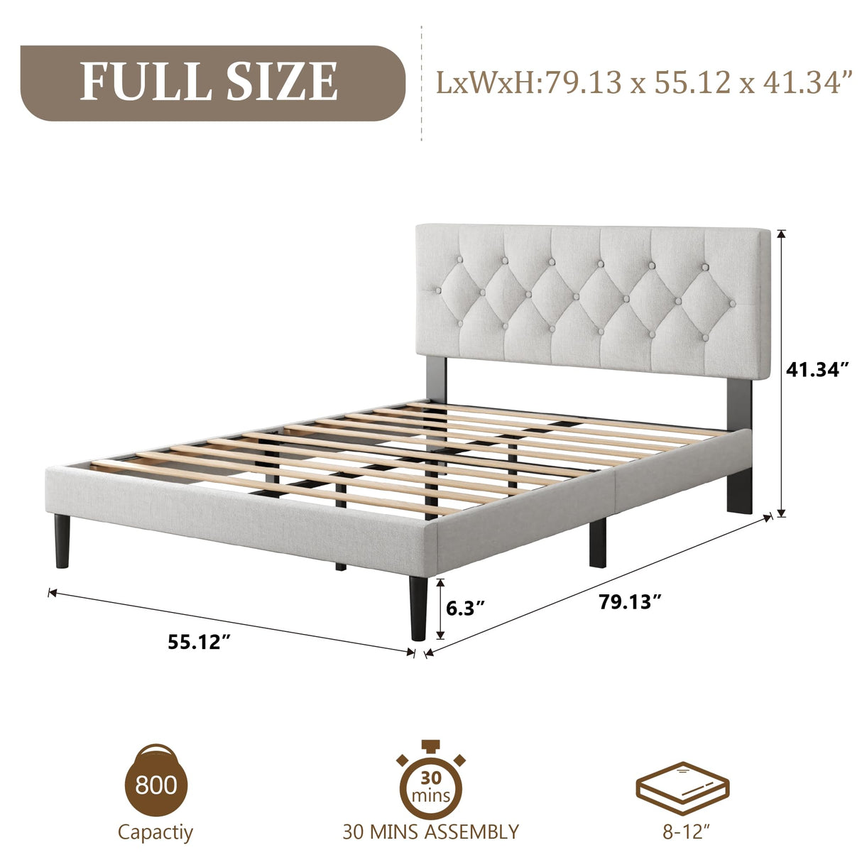 CXVX Full Size Platform Bed Frame with Upholstered Headboard, Button Tufted Design, Strong Wooden Slats, No Box Spring Needed, Easy Assembly, Noise Free CXVX