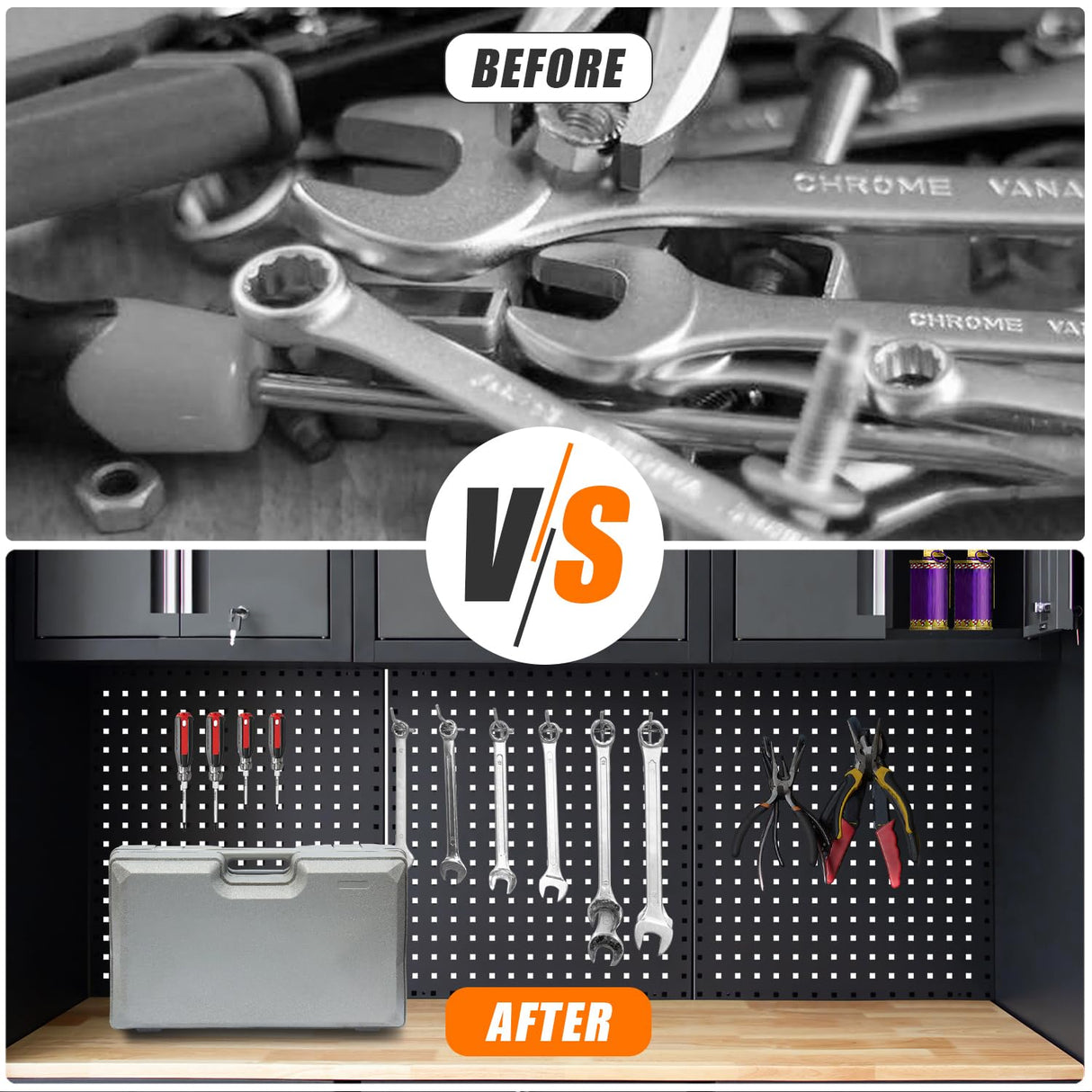 HPDMC Garage Storage Cabinet System 9-Pcs Workshop Set Garage Cabinets and Storage System with Steel Cabinet Drawers, Rolling Chest, Workbench, Pegboard for Garage Tool Organization, Black and Grey HPDMC