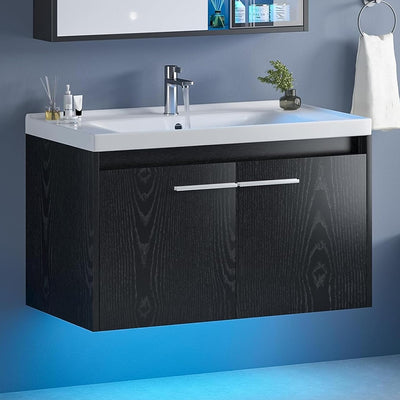 4ever2buy 31" Black Bathroom Vanity with Sink, Floating Bathroom Sink Cabinet with LED Light, Modern Clearance Bathroom Vanities with 2 Doors & Metal Handles