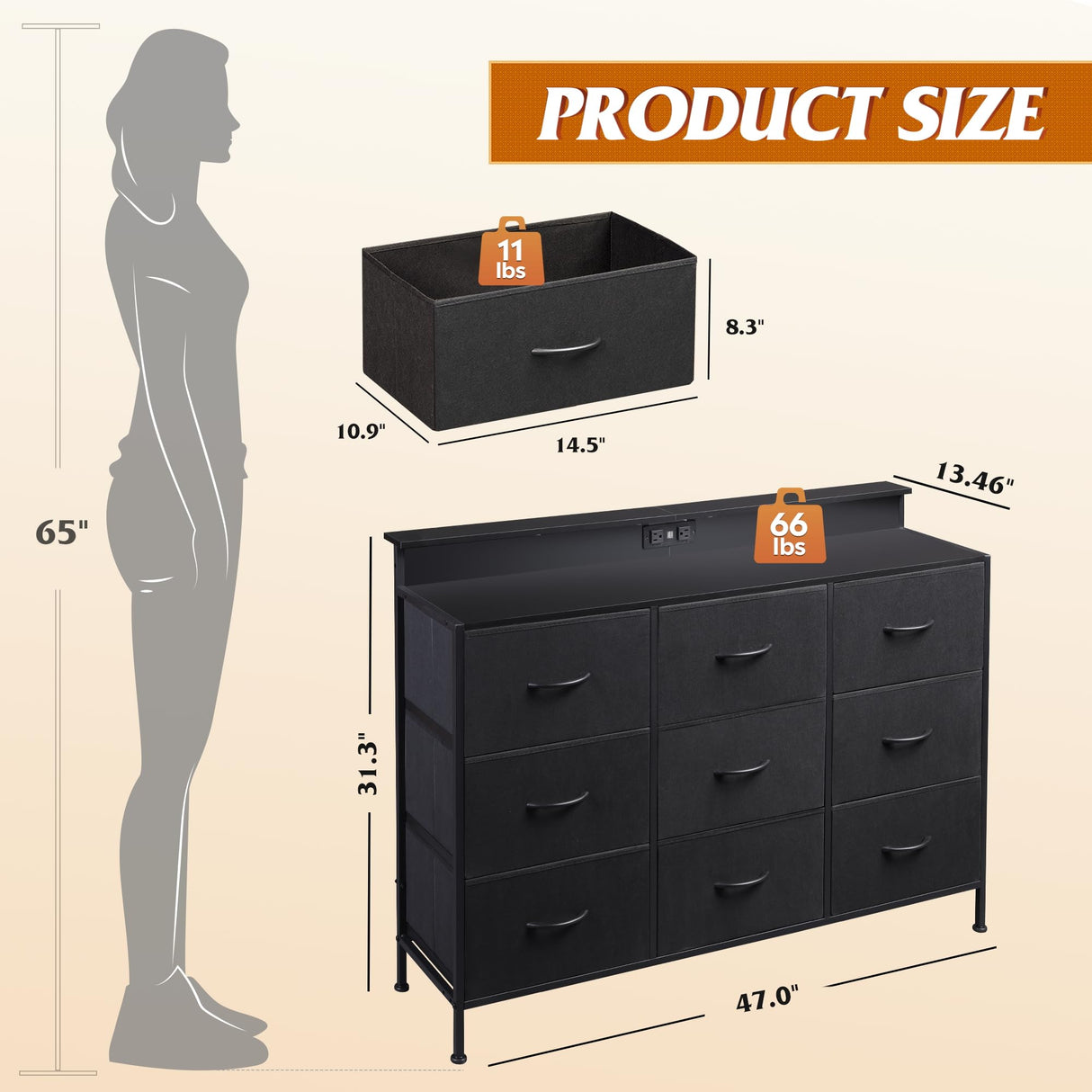 WLIVE Black Dresser TV Stand for 50, 55 inch, Led Dresser for Bedroom, Chest of Drawers with LED Lights, Charging Station, Clothes Storage with 9 Drawers, Wood Top, Living Room, Closet WLIVE