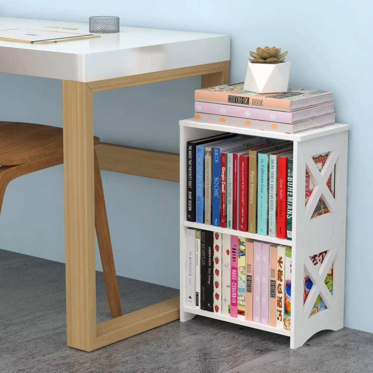 pikpuk Side Table, Narrow End Table with Storage Shelf, Minimalist Bedside Tables Nightstand, Small Bookshelf Bookcase, Bathroom Shelves, Display Rack for Bedroom, Living Room, Office, White. pikpuk