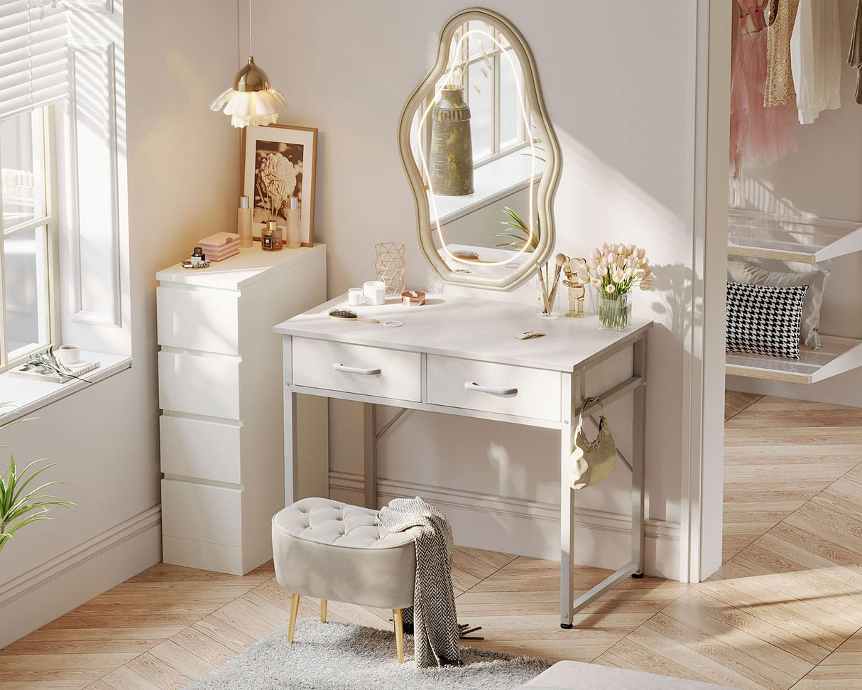 ODK Small Desk with Fabric Drawers- for Bedroom, White Vanity Desk with Storage, Home Office Computer Desk for Small Spaces, 32 Inch Modern Work Writing Study Table, White ODK