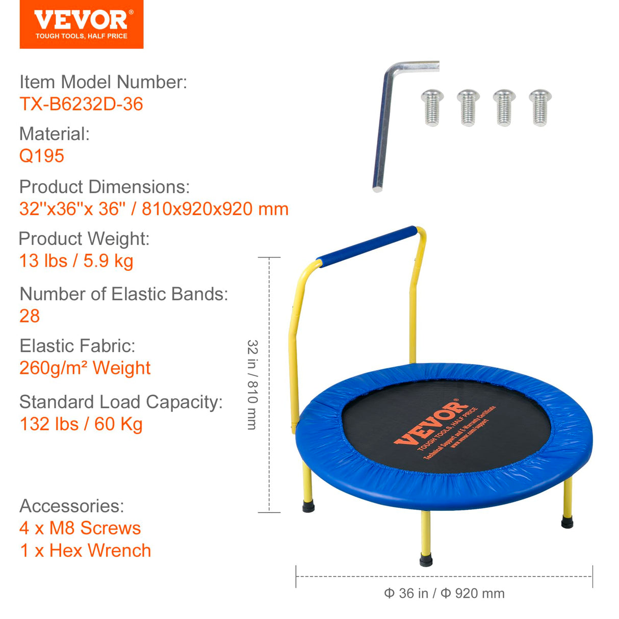 VEVOR 3FT Trampoline 36" Indoor/Outdoor for Toddlers, Foldable Mini Baby With Foam Handle, Recreational Birthday Gift VEVOR