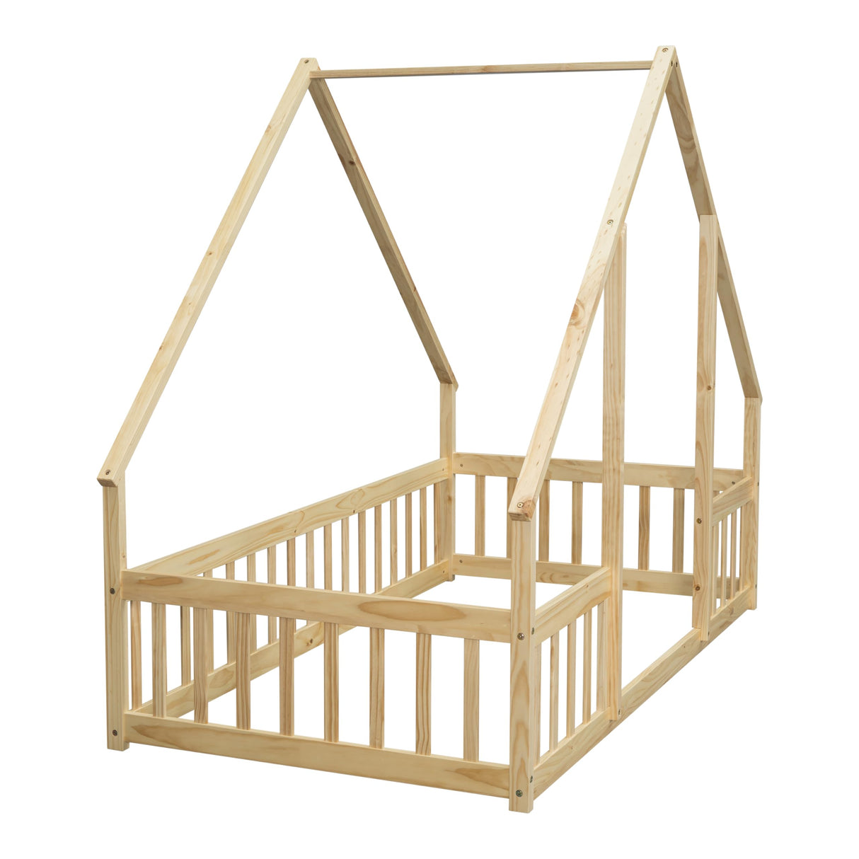 Luckiofvonne Twin Size Montessori House Bed with Fence Rails for Kids - Natural Wood Floor Bed Luckiofvonne