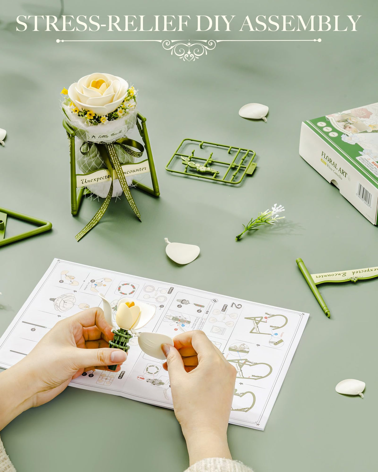 ROBOTIME 3D Puzzle Flower White Camellia AF011 with Stand, Craft Kits for Adults Artificial Flower Kit, Botanical Craft Gifts for Women ROBOTIME