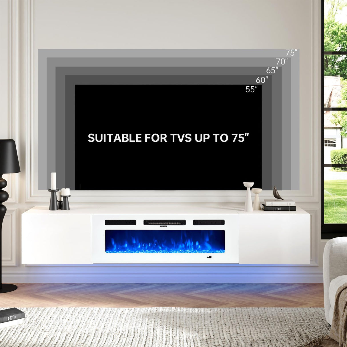 oneinmil 70" Floating Fireplace TV Stand with 36" Electric Fireplace, Wall Mounted Floating Entertainment Center with Storage, TV Console with Fireplace, Floating TV Cabinet, All White oneinmil