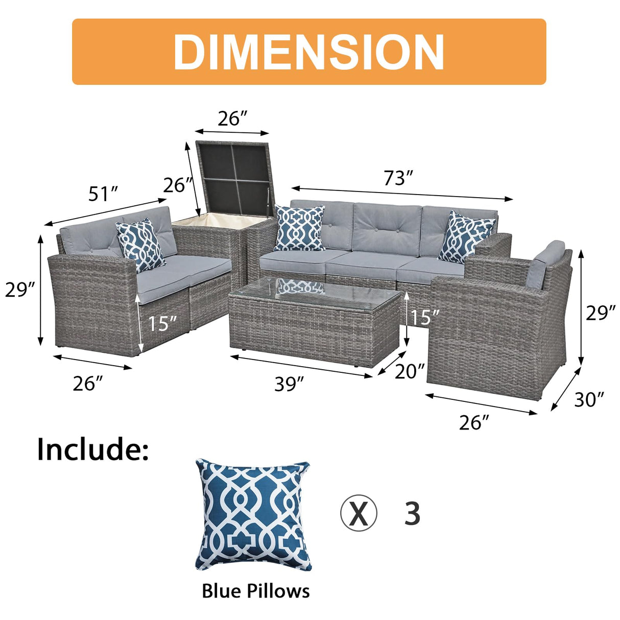 Super Patio 8 Pieces Conversation Sets, All-Weather Outdoor Patio Furniture Sets, U-Shaped PE Wicker Rattan Patio Sectional Sofa, with Cushions, Storage Box, Coffee Table, 3 Pillows, Gray Super Patio