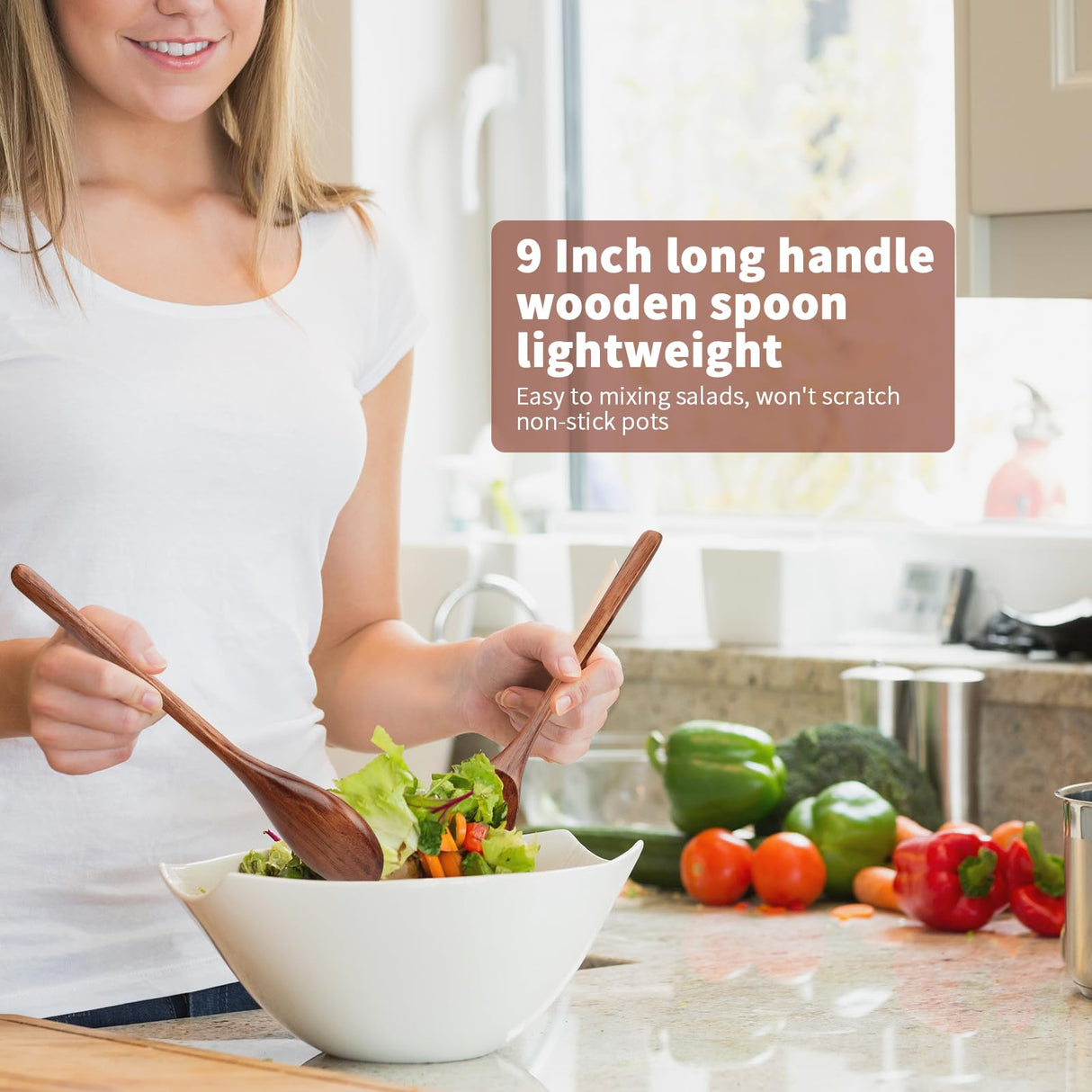 AERZIP 9 Inch Wooden Spoons for Eating Mixing Stirring Soda Jam Honey, Extra Long Handle Wood Soup Spoons for Serving Home Kitchen Cooking Table Spoon (2 PCS) aerzip