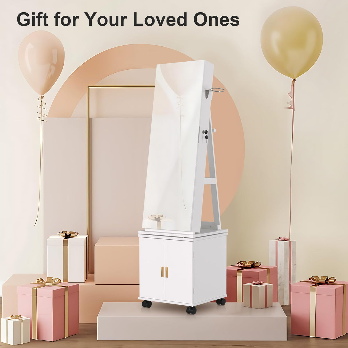 VECELO Jewelry Cabinet Standing Full Length Mirror with Interior LED Lights, 360° Swivel Lockable Jewelry Armoire with Bottom Cabinet Back Storage Shelf and Four Wheels, White VECELO