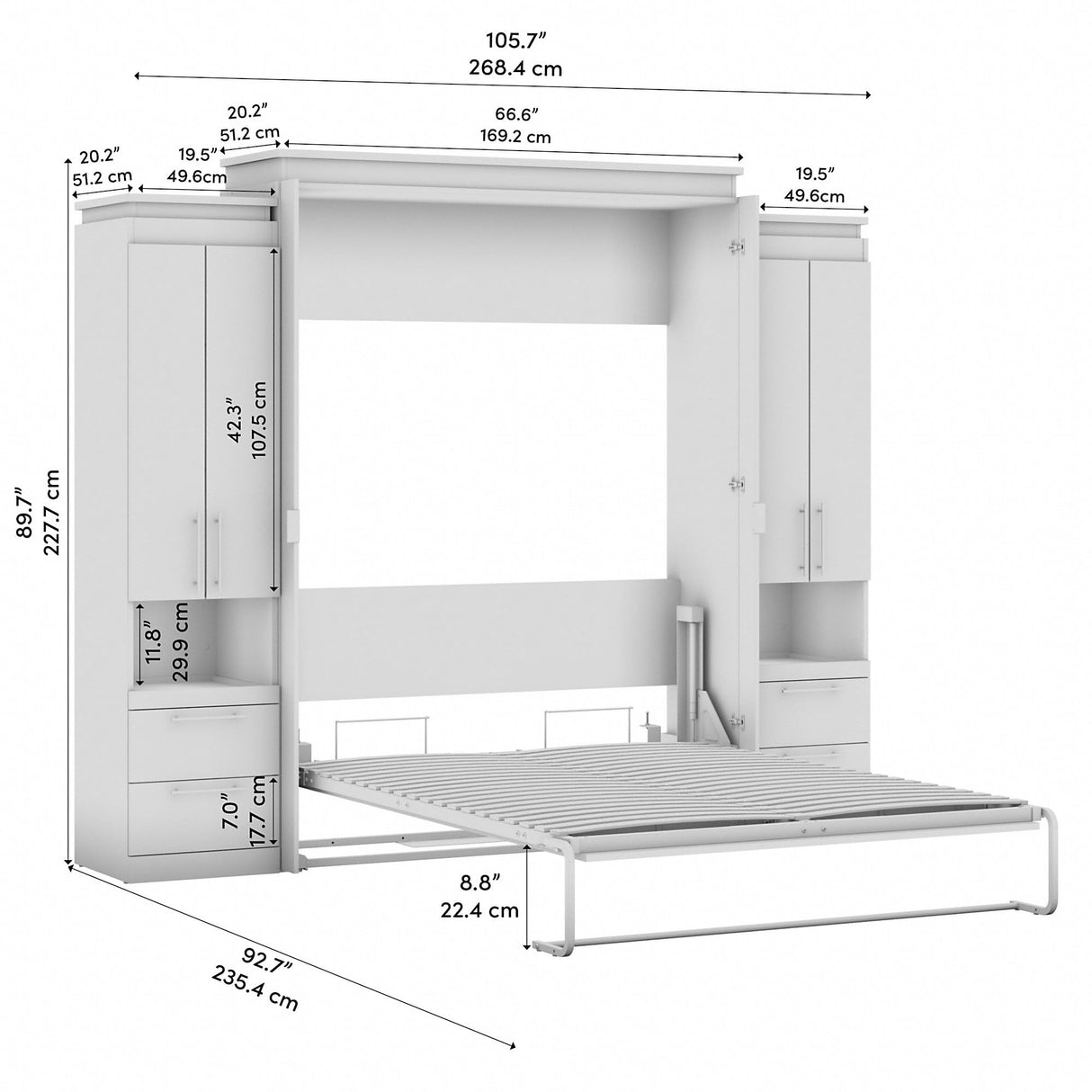 Bestar Orion Queen Murphy Bed with Storage Cabinets and Pull-Out Shelf (106W) in White and Walnut Grey, Sleeping Arrangement with Shelves Bestar