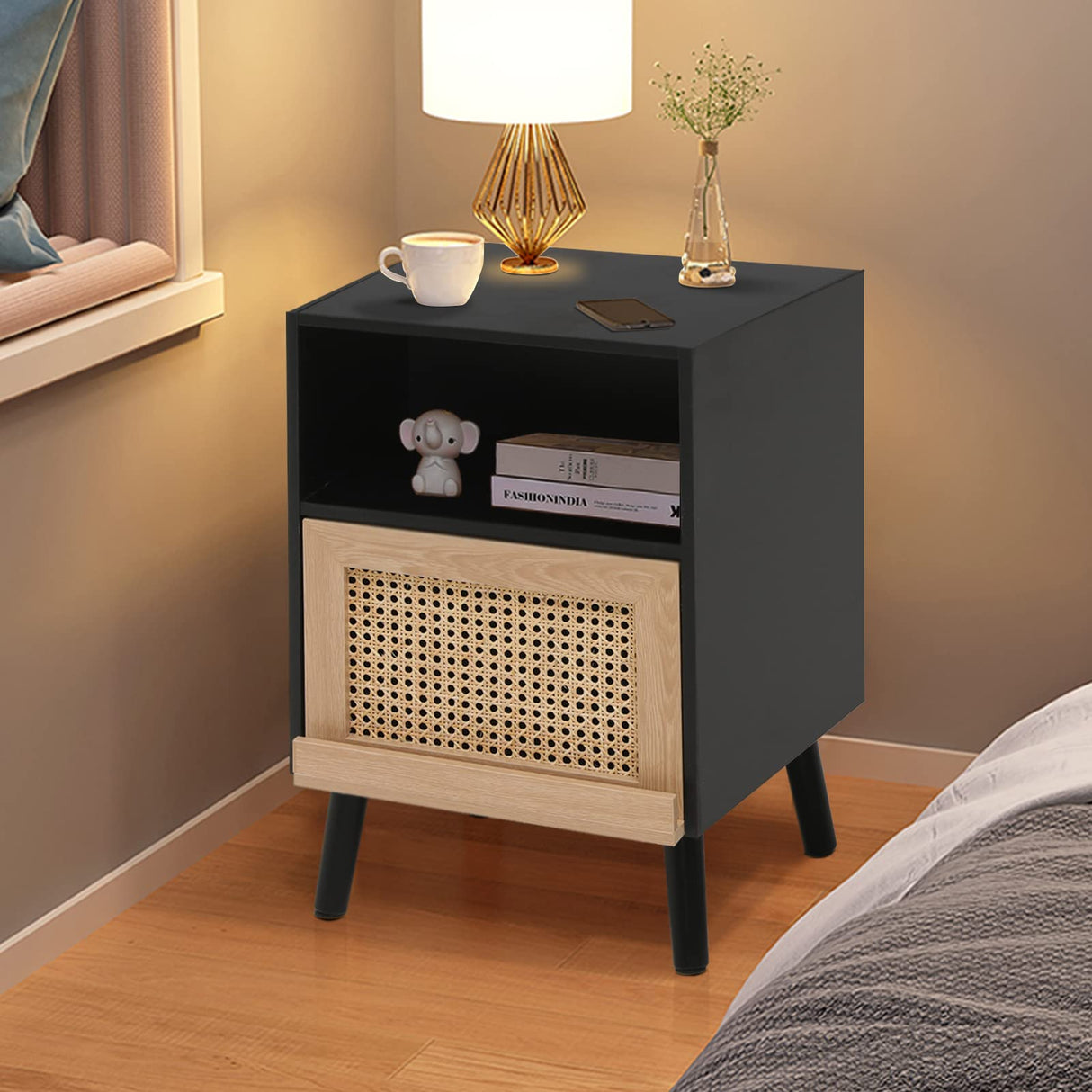 Anbuy Rattan Nightstand Set of 2, Wooden End Side Table, Bedside Table with Open Storage Shelve and Door, Night Stands for Bedroom Living Room 2-Pack Anbuy