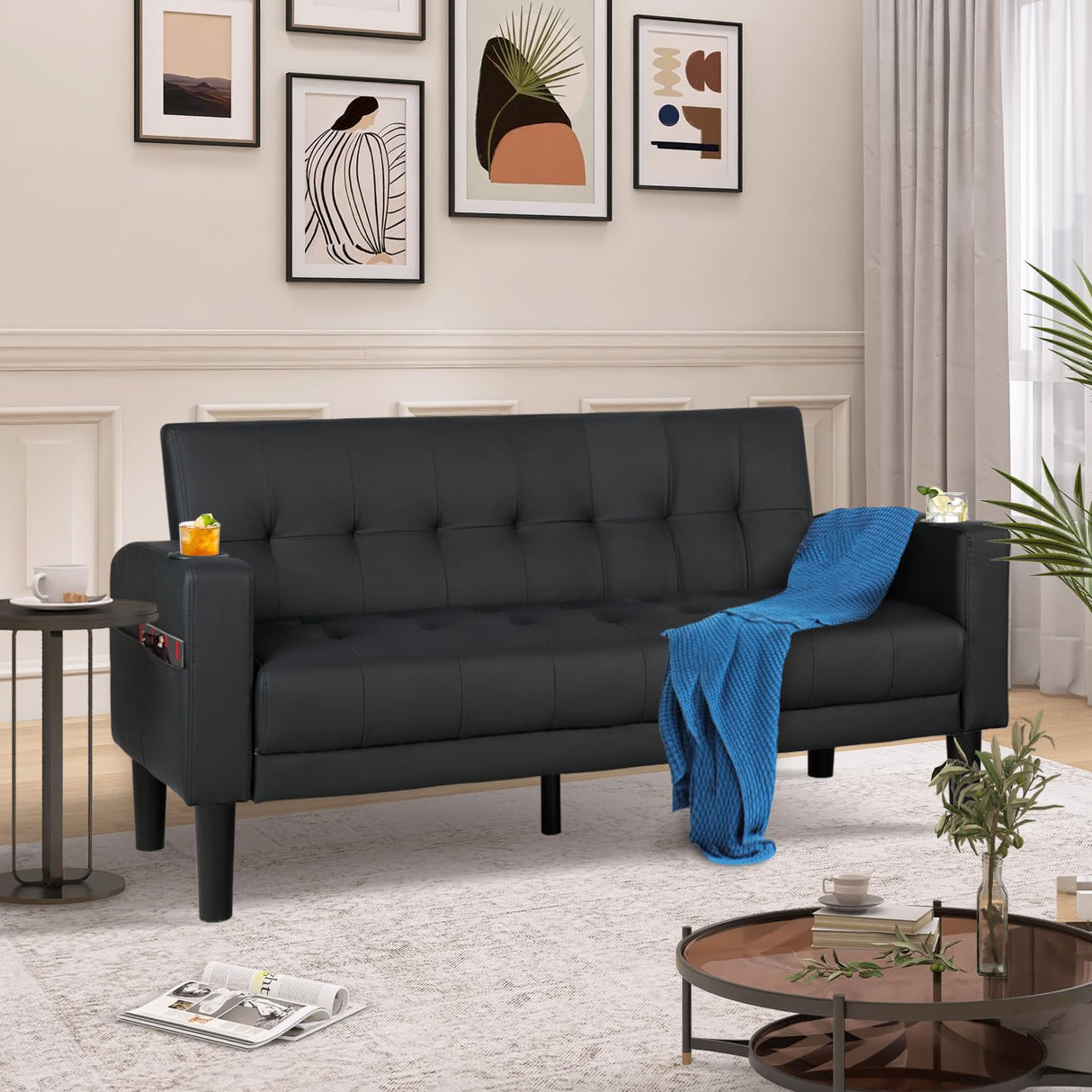 AILEEKISS 62" Loveseat Couches Upholstered Leather Love Seat Sofas Couch with 2 USB, Cup Holders, Side Pocket, Mid-Century Modern Tufted Sofa for Living Room,Office,Bedroom,Apartment (Black, 2-Seat) AILEEKISS