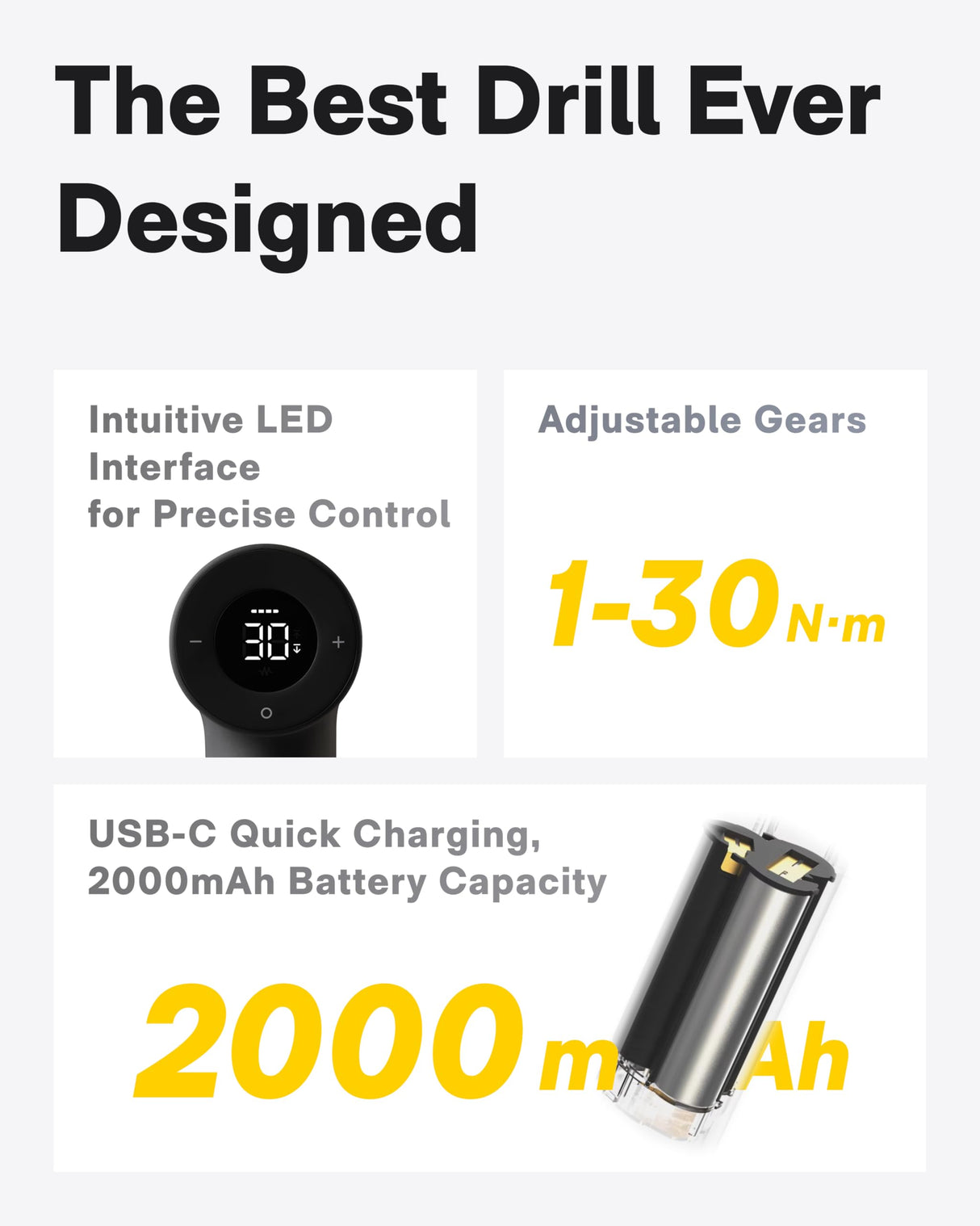 HOTO Cordless Brushless Drill Tool Set, Variable Speed, Hidden Buckle, Unique LED Screen, Intelligent Digital Display, Safe, Exquisite & Practical, High-end Drill Kit for Home/Daily Use HOTO