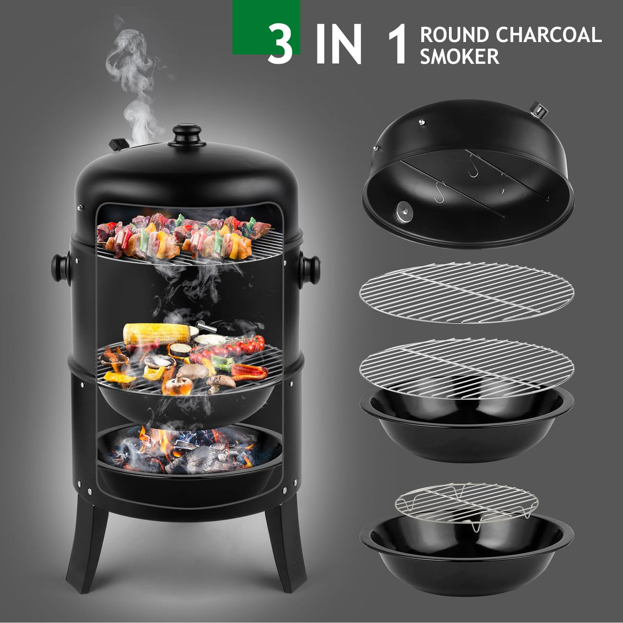 VINGLI 18 Inch Multi-Layer Charcoal BBQ Smoker Grill, Heavy Duty Round Charcoal BBQ Grill for Outdoor Vertical Steel Charcoal Smoking Grill with Thermometer Outdoor Home Party VINGLI