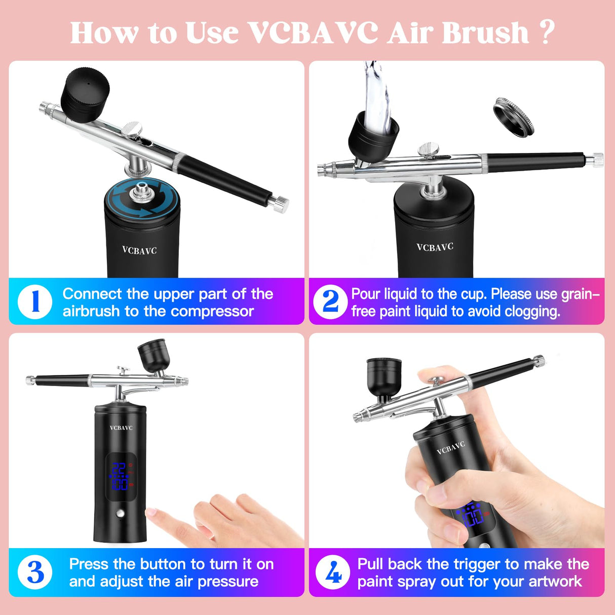 Airbrush Kit with Compressor 48PSI High-Pressure, Non-Clogging Air Brush Set Cordless Rechargeable with 0.3mm Nozzle and Cleaning Brush for Nail Art, Makeup, Painting, and Cake Decorating VCBAVC