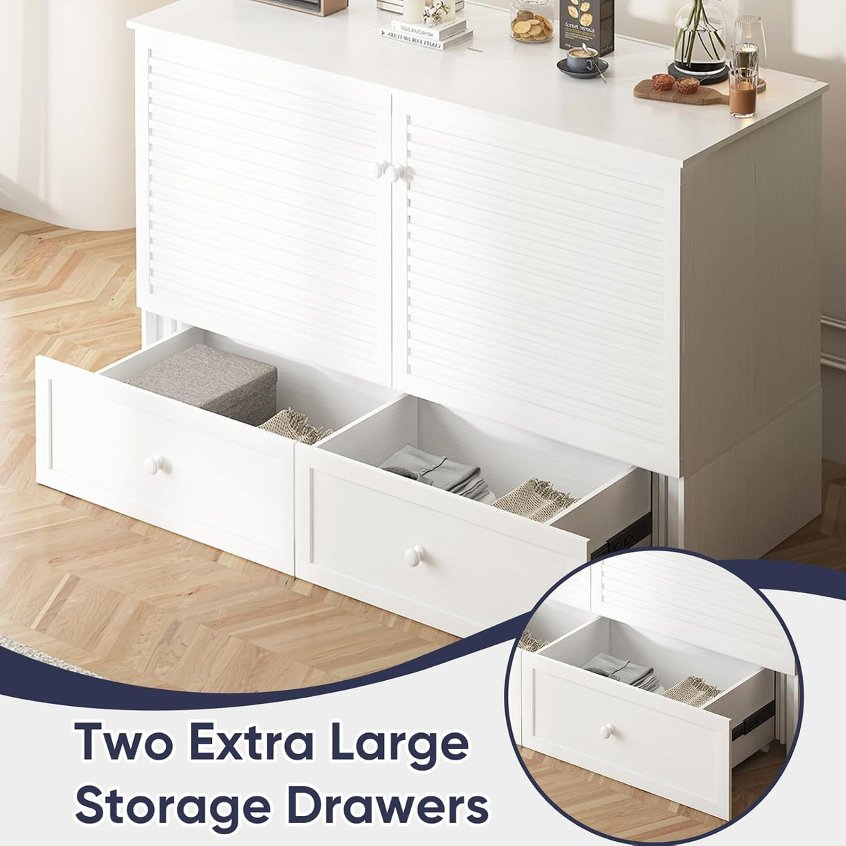 ijuicy Queen Size Murphy Bed with Foldable Foam Mattress, Cube Cabinet Bed with Multifunctional Charging Station & Extra Large Storage Drawers, Space-Saving Hideaway Bed for Guests-White ijuicy