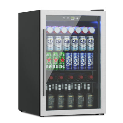 Erivess 4.5 Cubic Feet Mini Fridge, 145 Can Freestanding Beverage Refrigerator with Glass Front Door for Soda, Beer Under Counter Drink Refrigerator with Adjustable Shelves and Digital Display(Silver)