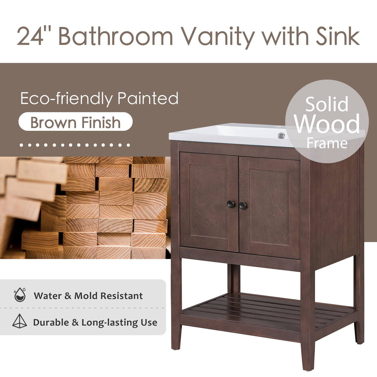 24 Inch Bathroom Vanity with Sink Set Combo, Cabinet with Doors and Open Shelf, Solid Wood Frame with Painted Finish, Modern Style Merax