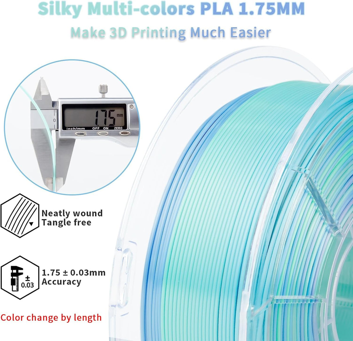 ZIRO Silk Fast Color Changing PLA Filament, Shine Multi Colors Filament 1.75mm, Color Change by Length 3D Printer Filament, Dimensional Accuracy +/-0.03mm, Fit Most 3D Printers, Personality Pure, 1KG ZIRO
