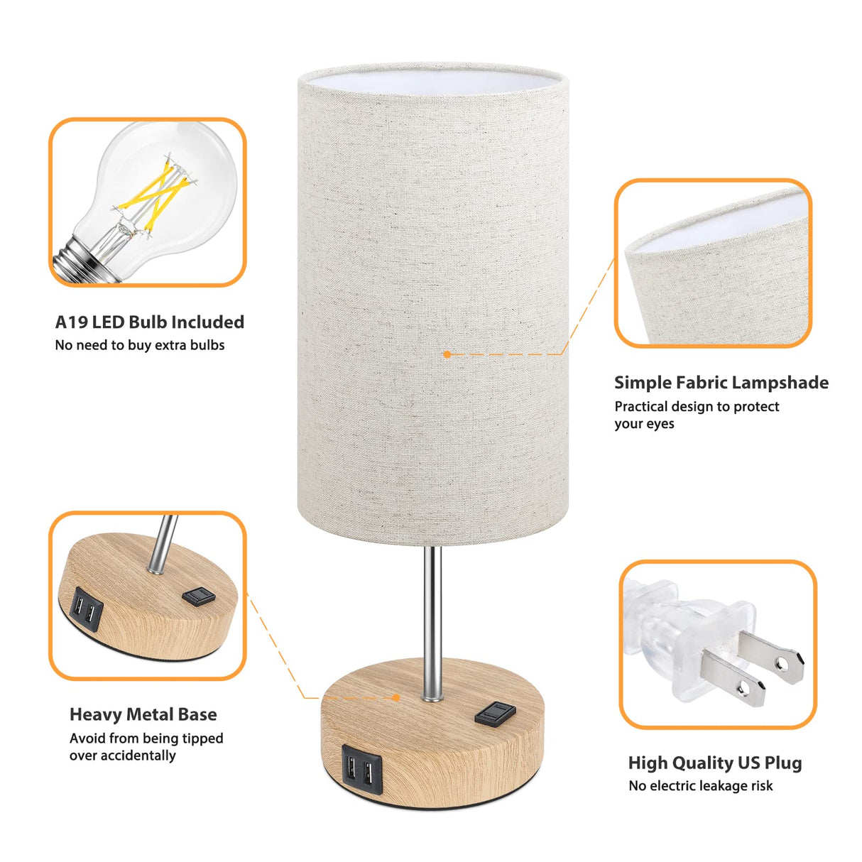 Bedside Table Lamps with 2 USB Charging Ports & AC Outlet, Set of 2 Touch Control Wooden Base Nightstand 3-Way Dimmable Lamps with Beige Fabric Shade for Bedroom, Living Room, A19 E26 Bulbs Included Brightever