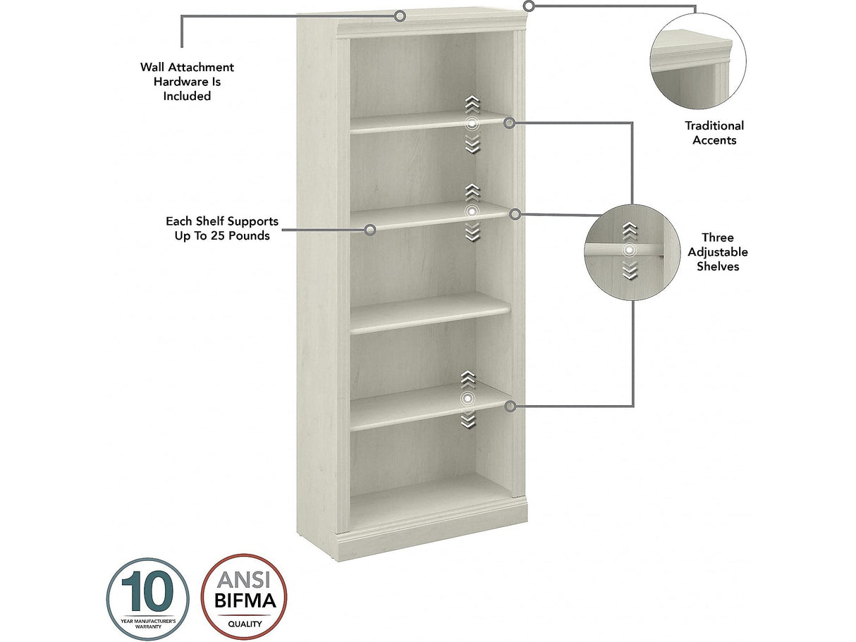 Saratoga Tall 5-Shelf Bookcase in Linen White Oak Finish Bush Business Furniture