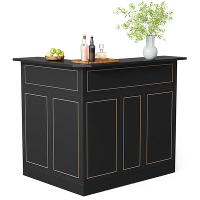 LITTLE TREE Black Bar Cabinet, 4-Tier Home Mini Bar Cabinet with Stemware Rack, Freestanding Wooden Storage Cabinet, Modern L-Shaped Liquor Table Cabinet for Living Room, Dining Room