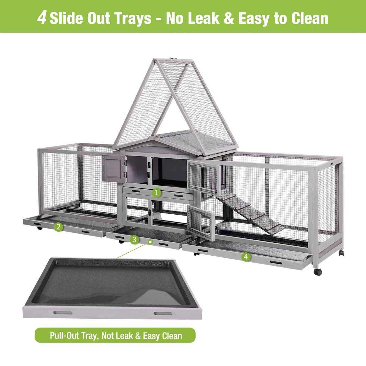 Rabbit Hutch Bunny Cage Indoor & Outdoor Rabbit Cage on Wheels, Large Guinea Pig Cage with 4 Deep No Leakage Pull Out Trays - 93.7" GUTINNEEN