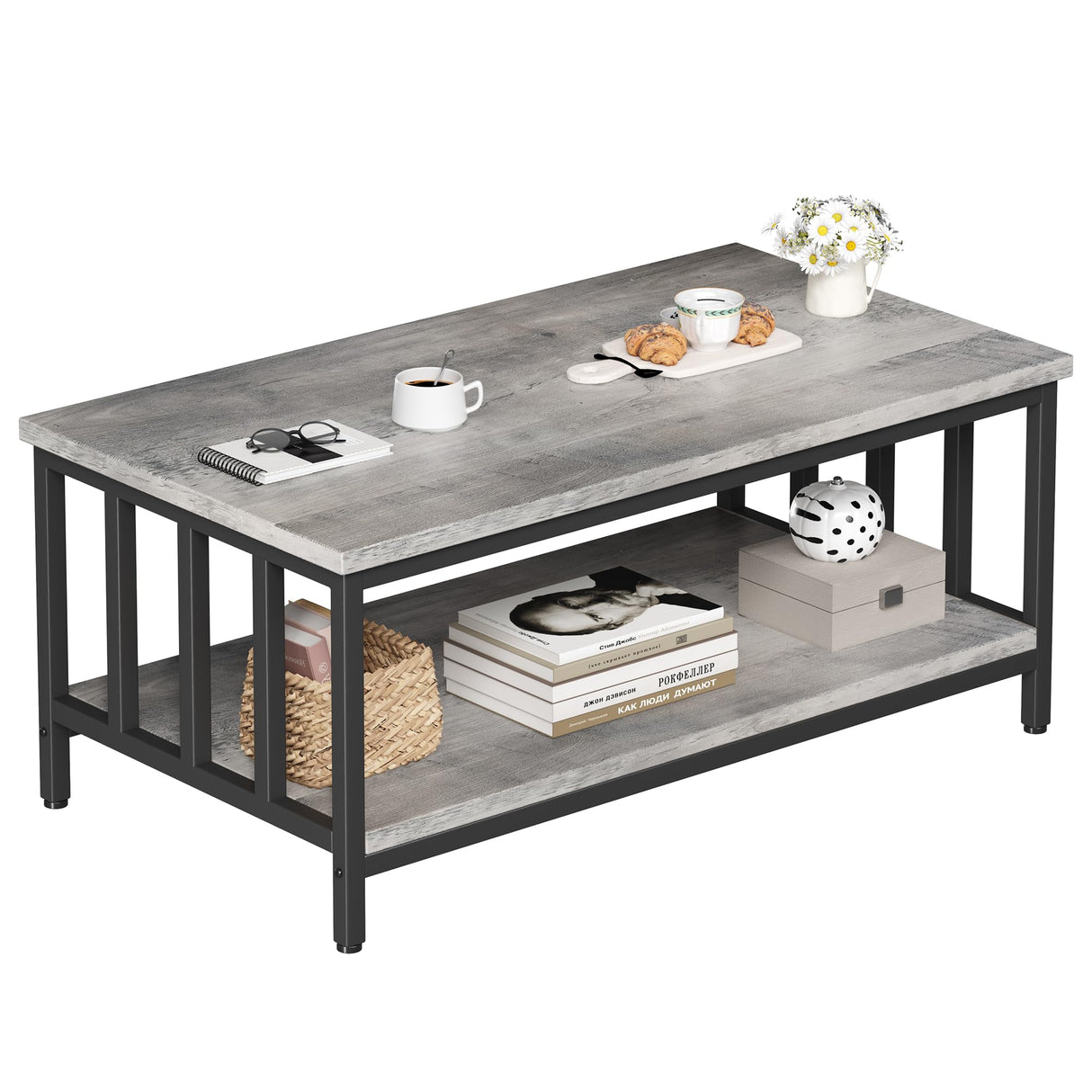 Homeiju Coffee Table for Living Room with Slatted Sides Frame, Modern Farmhouse Living Room Table with 2-Tier Storage Shelf for Home Office, Apartment, 39 inch Grey Wash Homeiju
