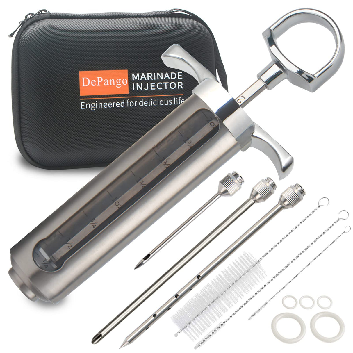 DePango Meat Injector, Stainless Steel Marinade Injector Flavor Syringe Kit with 2-oz Measurement Window for Smoker Food BBQ Grill, Cooking Turkey Chicken Steak Beef Brisket Pork-Chops, 3 Meat Needles DePango