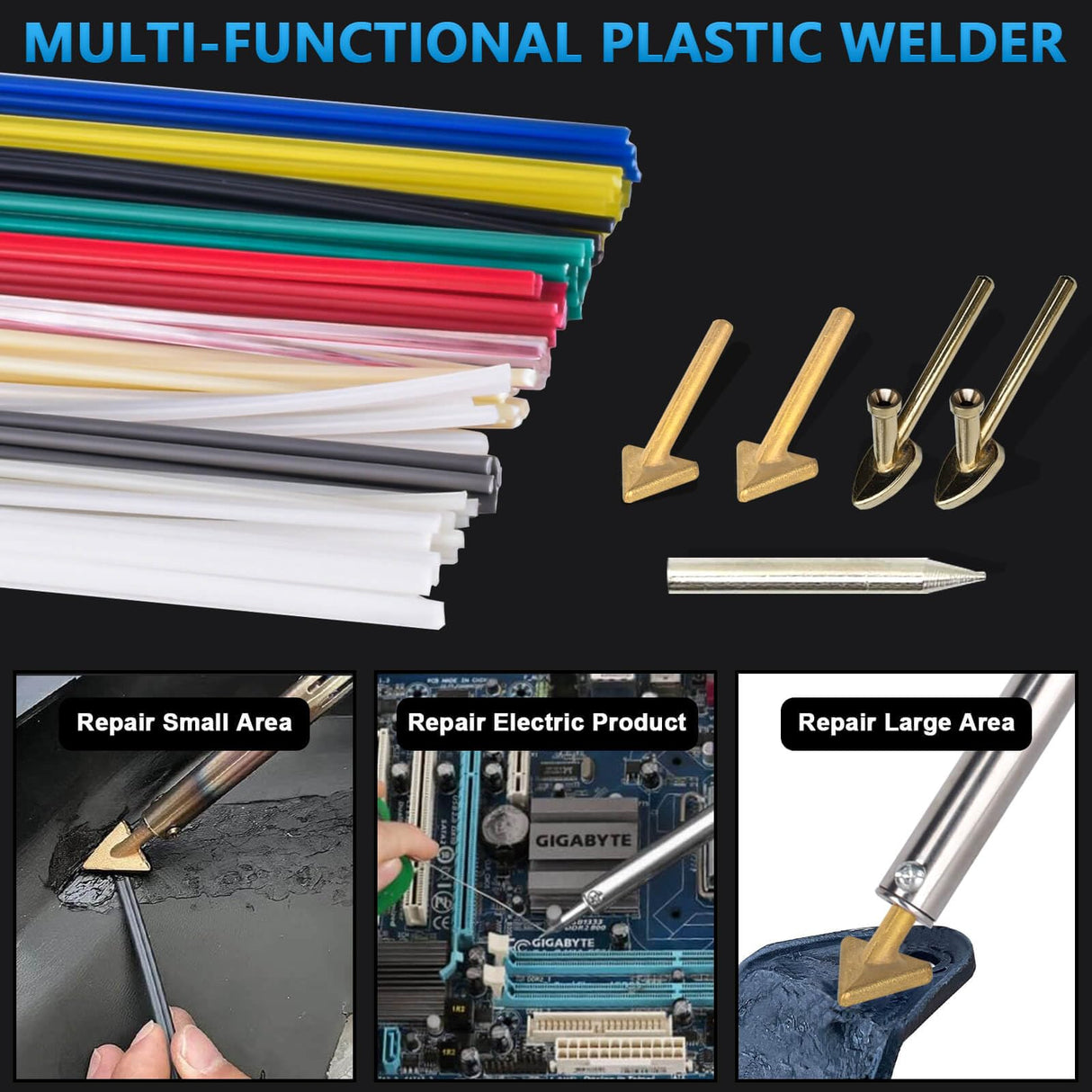 GNI Upgraded 150W LED Digital Adjustable Temperature Plastic Welder, 106PCS Welding Rods Plastic Repair Kit, 5 Tips 3 IN 1 Plastic Welder Soldering Iron Kit, Plastic Welding Kit for DIY Bumper Kayaks GNI