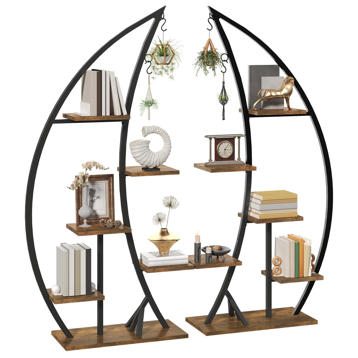 DWVO Tall Bookshelf with LED Light, Artistically Designed Crescent-Shaped Bookshelf with 10-Tier Shelves, Corner Bookcase Open Display Rack for Home Office, Bedroom DWVO