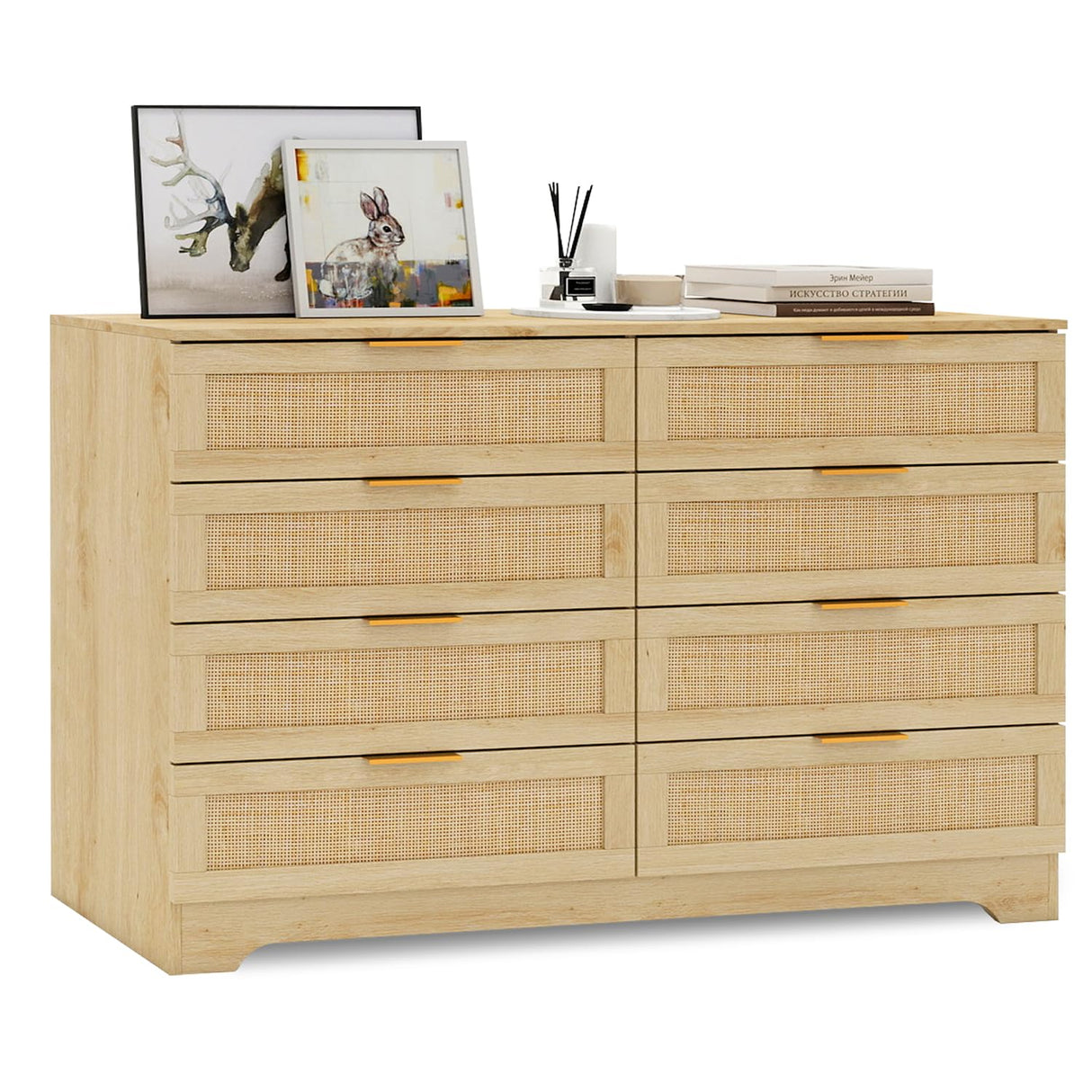 HOPUBUY 8 Drawer Dresser for Bedroom, Rattan Modern Closet Dressers Chest of Drawers, Boho Wood Double Wicker Dresser Storage Closet for Bedroom, Living Room, Entryway (Natural) HOPUBUY