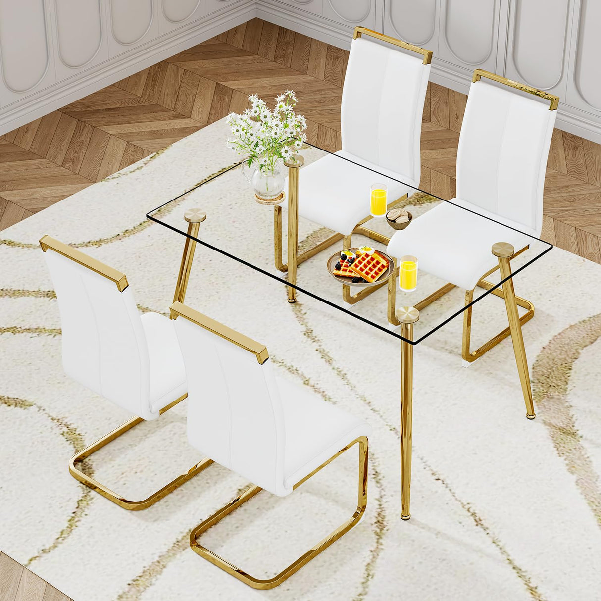 Ebullient Glass Dining Table Set for 4,5 Piece Dining Table and Chairs Set,Modern Kitchen Dining Room Table with 4 White PU Leather Dining Chairs,0.31” Tempered Glass Table Top with Gold Metal Legs Ebullient