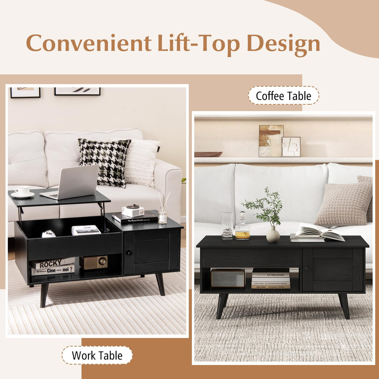 Tangkula Lift Top Coffee Table with Storage, Living Room Table with Hidden Compartment, Cabinet & Open Shelf, Flip Top Center Table, Pull up Coffee Table for Home, Office (Black) Tangkula