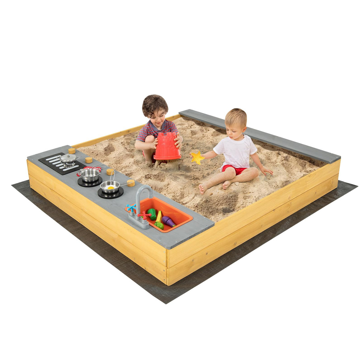 HONEY JOY Kids Sandbox, 2 in 1 Cedar Bottomless Sand Pit & Kitchen Playset, Water Faucet & Sink, Bottom Liner, Realistic Cooking Accessories, Wooden Sand Boxes for Kids Outdoor Backyard HONEY JOY