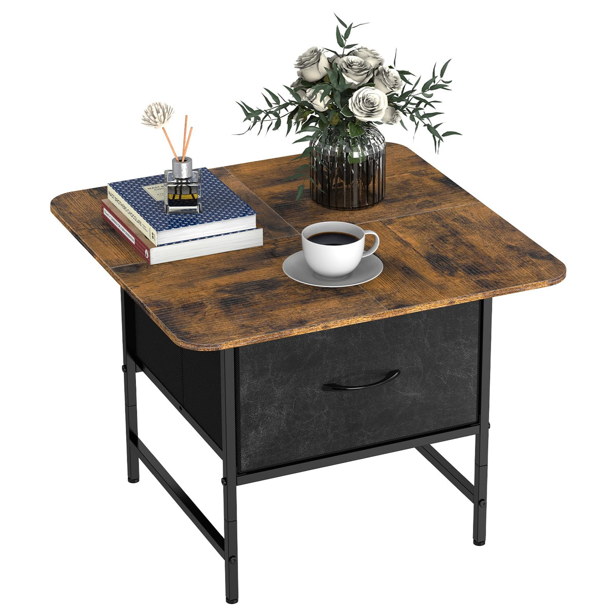 Shinoske Square Coffee Table with Storage Drawer,Small Coffee Tables for Living Room,2-Tier Farmhouse Center Table with Round Corners for Small Space,Small Apartment,Office,Rustic Brown Shinoske