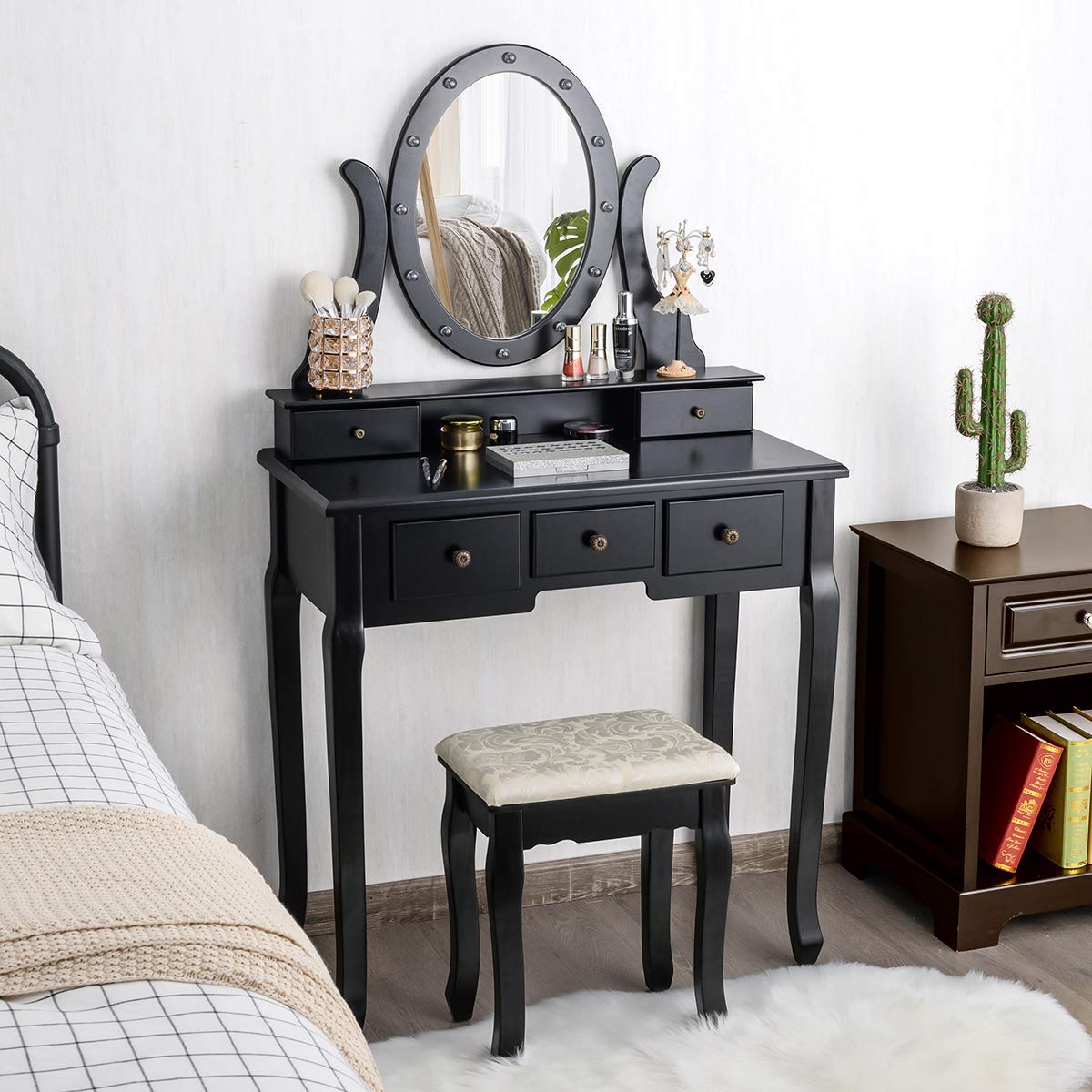 Giantex Vanity Table Set with 12 Lights Mirror, Bedroom Makeup Dressing Table with 360° Rotating Oval Mirror, 5 Drawers and Shelf, Modern Makeup Table with Cushioned Stool for Girls Women (Black) Giantex