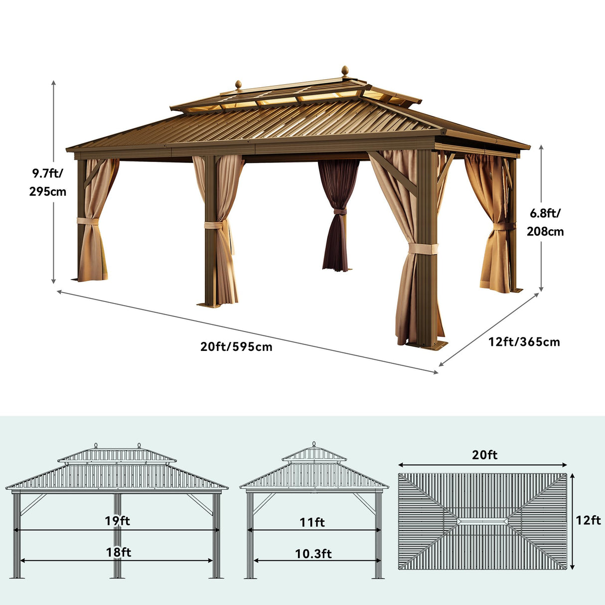 YITAHOME 12x20 ft Hardtop Gazebo with Nettings and Curtains, Outdoor Heavy Duty Aluminum Gazebo Combined of Horizontal and Vertical Stripes Roof for Patio, Backyard, Deck, Lawns and Balcony (Bronze) YITAHOME